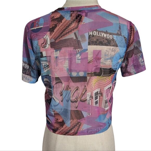 Primark Cropped Mesh Pink & Blue Hollywood Top Shirt - Picture 4 of 7